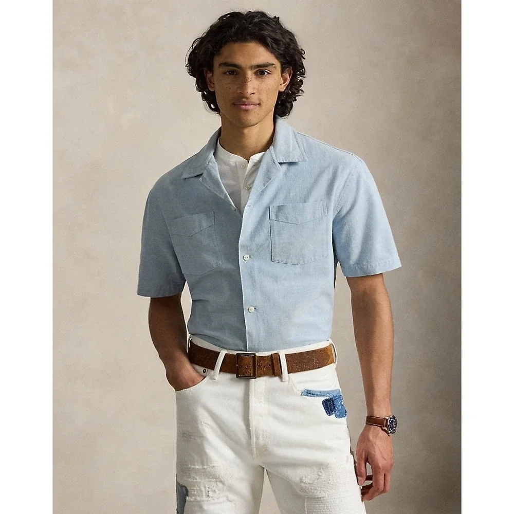 Polo Ralph Lauren Men's Size XLT Blue‎ Oxford Camp Button Up Shirt S/S